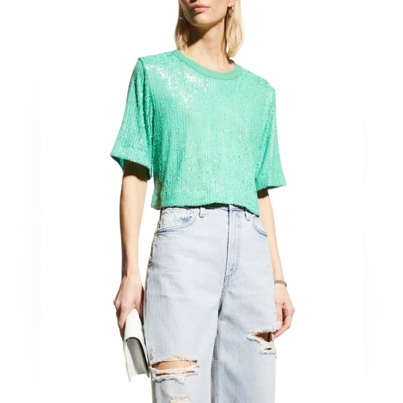 NWOT IN THE MOOD FOR LOVE Tanie Sequined Crewneck Top L Green Boxy Crop - Picture 15 of 15